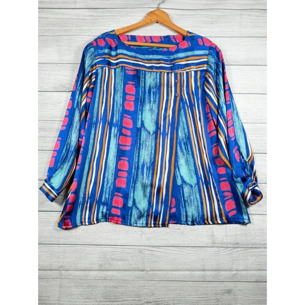 Women’s XL Blue Multicolor Abstract Stripe Long Sleeve Blouse Top 4203
